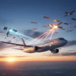 Avião da American Airlines com logotipo da Amazon Leo e símbolo de Wi-Fi no céu azul.