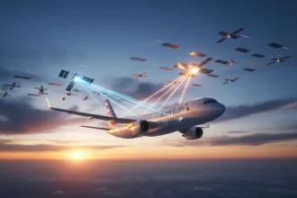 Avião da American Airlines com logotipo da Amazon Leo e símbolo de Wi-Fi no céu azul.