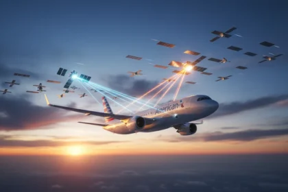 Avião da American Airlines com logotipo da Amazon Leo e símbolo de Wi-Fi no céu azul.