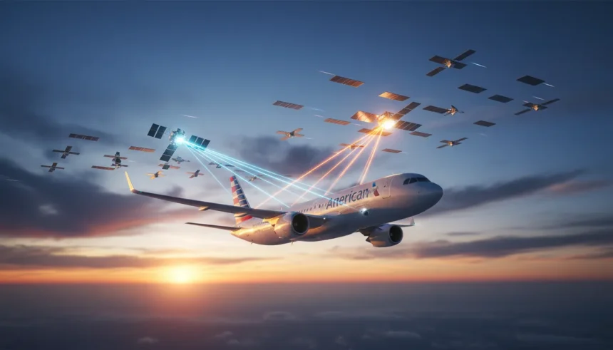 Amazon Leo em Ascensão: Desafio à Starlink pelo Wi-Fi a Bordo da American Airlines 1 Avião da American Airlines com logotipo da Amazon Leo e símbolo de Wi-Fi no céu azul.