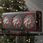 Placa de vídeo AMD RX 9060 XT com iluminação RGB em destaque sobre cenário natalino com enfeites e luzes.