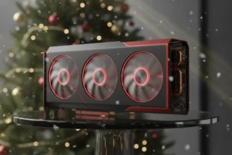 Placa de vídeo AMD RX 9060 XT com iluminação RGB em destaque sobre cenário natalino com enfeites e luzes.