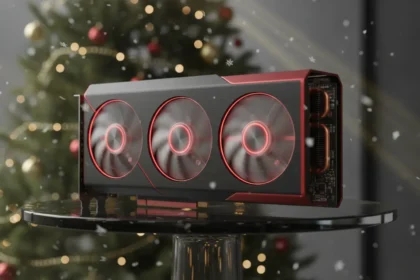 Placa de vídeo AMD RX 9060 XT com iluminação RGB em destaque sobre cenário natalino com enfeites e luzes.