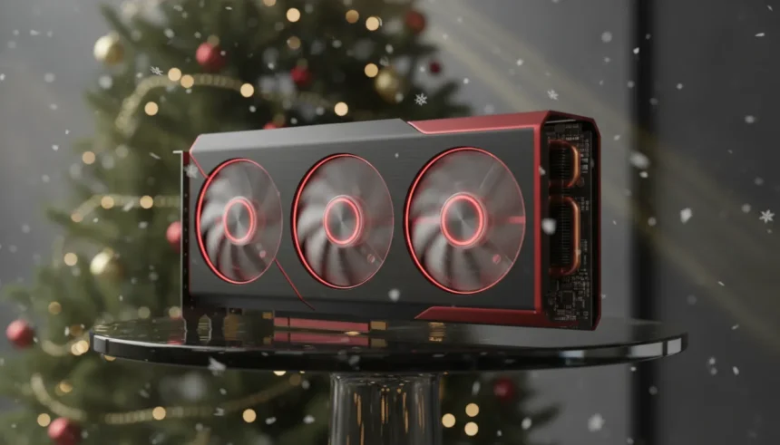 Placa de vídeo AMD RX 9060 XT com iluminação RGB em destaque sobre cenário natalino com enfeites e luzes.
