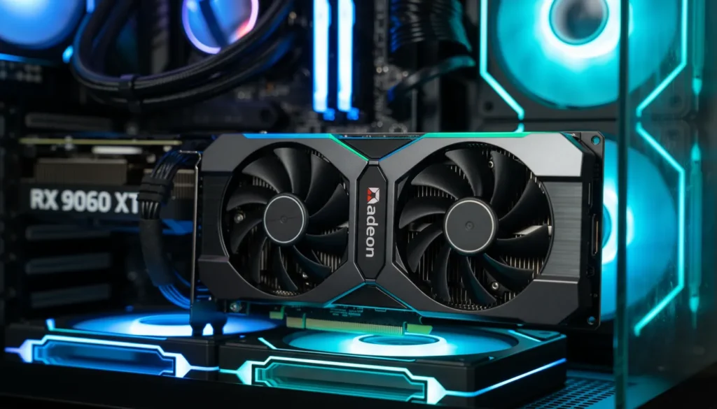 amd rx 9060 xt instalada em um gabinete com iluminao rgb mos