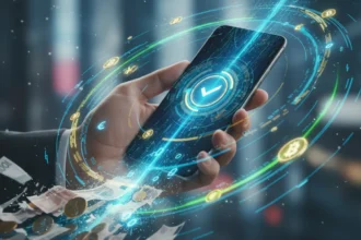 Interface de app em smartphone com elementos de pagamentos. A imagem destaca a Banca Digital em Angola e a transição do dinheiro físico