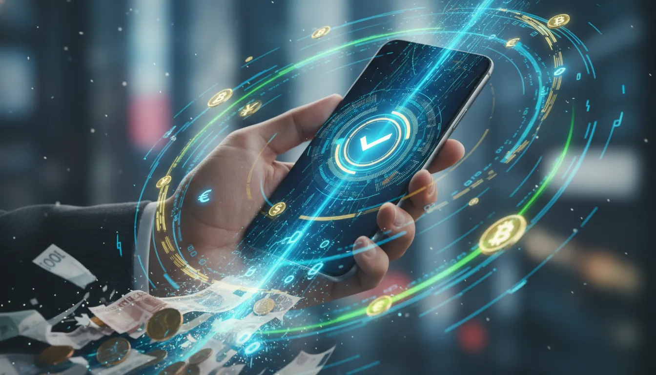 Interface de app em smartphone com elementos de pagamentos. A imagem destaca a Banca Digital em Angola e a transição do dinheiro físico