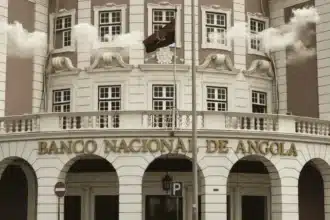 Prédio do banco central e gráficos; BNA identifica seis bancos sistêmicos que devem reforçar capital até 2026.