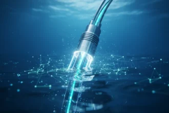 Cabo Submarino 2Africa conectando a costa de Angola, simbolizando a revolução na internet do país.