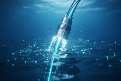 Cabo Submarino 2Africa conectando a costa de Angola, simbolizando a revolução na internet do país.