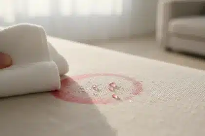 Mãos limpando sujeira em camisa branca para mostrar como tirar manchas de comida rápido sem danificar o tecido.