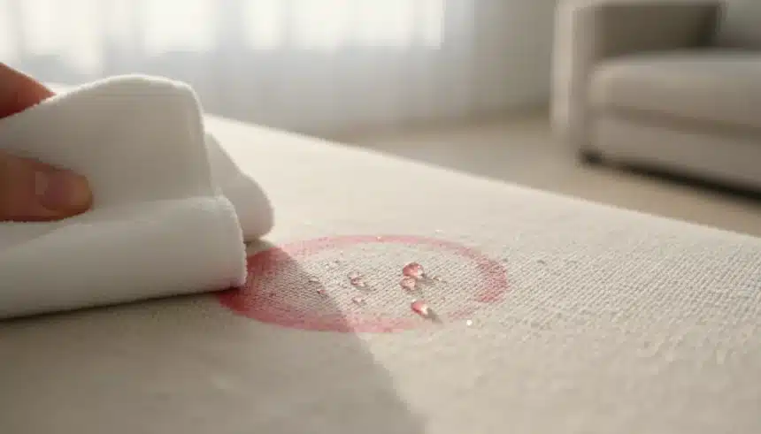 Mãos limpando sujeira em camisa branca para mostrar como tirar manchas de comida rápido sem danificar o tecido.
