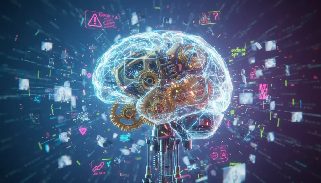 Escassez de Dados IA: O Desafio Crítico da Evolução Artificial 3 escassez de dados ia cerebro a processar