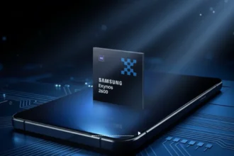 Processador Exynos 2600 com litografia de 2nm e GPU Xclipse 960 em destaque sobre placa de circuito tecnológico.