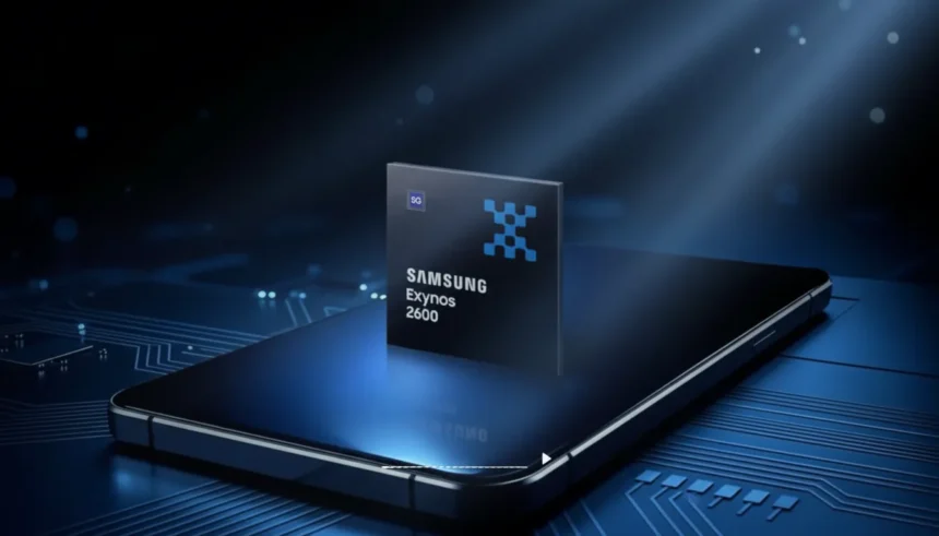Processador Exynos 2600 com litografia de 2nm e GPU Xclipse 960 em destaque sobre placa de circuito tecnológico.