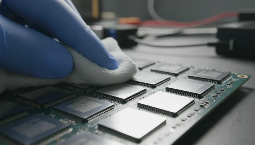 Instalar Dissipador SSD M.2: O Guia para Baixar 20°C Hoje 42 foto em close up limpando os chips do ssd com um pano de mic