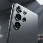 Visão detalhada do painel traseiro em titânio fosco do smartphone Galaxy S26 Ultra, apresentando o design minimalista das câmeras integradas e acabamento metálico de alta precisão sob iluminação de estúdio.