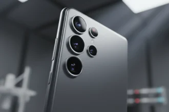 Visão detalhada do painel traseiro em titânio fosco do smartphone Galaxy S26 Ultra, apresentando o design minimalista das câmeras integradas e acabamento metálico de alta precisão sob iluminação de estúdio.