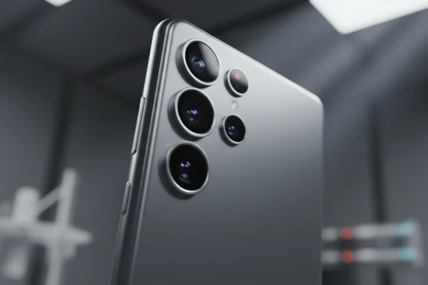 Visão detalhada do painel traseiro em titânio fosco do smartphone Galaxy S26 Ultra, apresentando o design minimalista das câmeras integradas e acabamento metálico de alta precisão sob iluminação de estúdio.