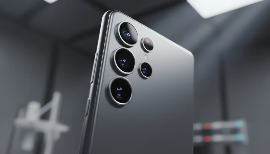 Visão detalhada do painel traseiro em titânio fosco do smartphone Galaxy S26 Ultra, apresentando o design minimalista das câmeras integradas e acabamento metálico de alta precisão sob iluminação de estúdio.