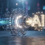 Motor complexo com engrenagens de dados, simbolizando a Governança de Dados impulsionando a IA segura e eficaz.