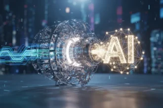 Motor complexo com engrenagens de dados, simbolizando a Governança de Dados impulsionando a IA segura e eficaz.