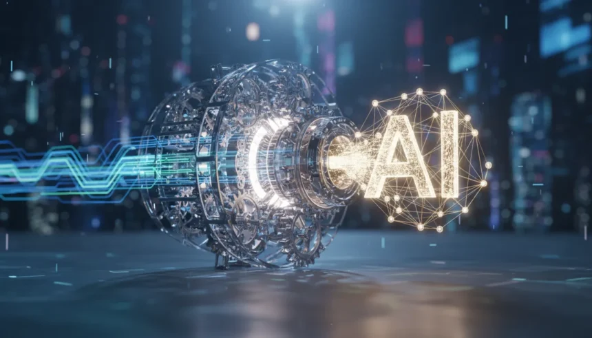 Motor complexo com engrenagens de dados, simbolizando a Governança de Dados impulsionando a IA segura e eficaz.