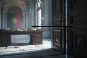 Bandeira de Portugal e martelo jurídico: Governo de Portugal altera Lei do Retorno de estrangeiros com novas restrições.