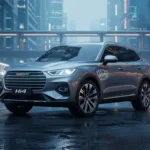 Vista lateral de um SUV Haval H6 2026 com tecnologia GWM Hi4 estacionado em uma rua urbana futurista ao anoitecer com iluminação cinematográfica.