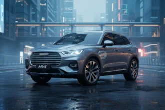 Vista lateral de um SUV Haval H6 2026 com tecnologia GWM Hi4 estacionado em uma rua urbana futurista ao anoitecer com iluminação cinematográfica.