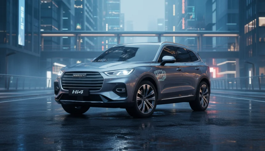 Vista lateral de um SUV Haval H6 2026 com tecnologia GWM Hi4 estacionado em uma rua urbana futurista ao anoitecer com iluminação cinematográfica.