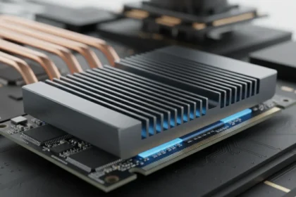 Instalar dissipador SSD M.2: vista de SSD M.2, dissipador e parafuso, prontos para montagem em placa-mãe