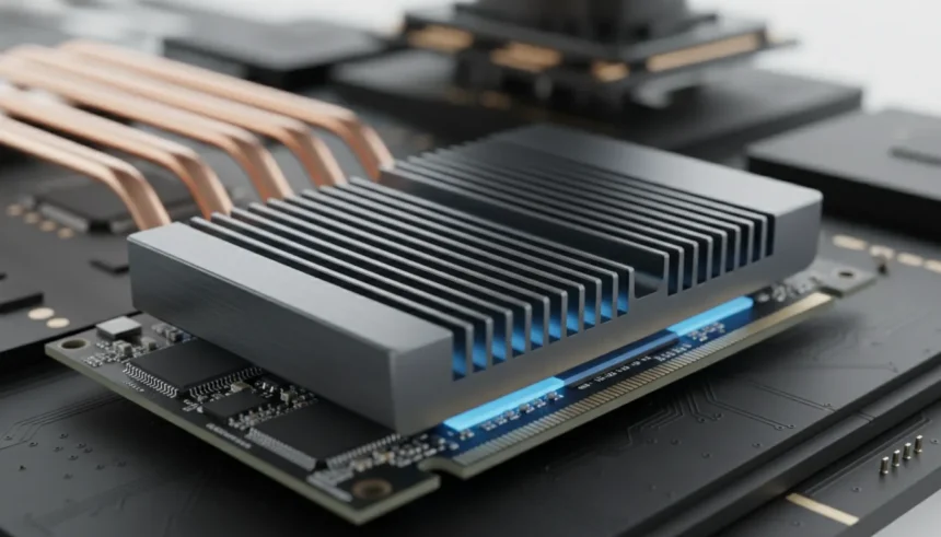 Instalar dissipador SSD M.2: vista de SSD M.2, dissipador e parafuso, prontos para montagem em placa-mãe