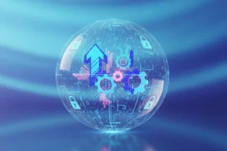 Ilustração digital sobre o impacto da Lei de Proteção de Dados em startups de Angola, com ícones de dados e negócios