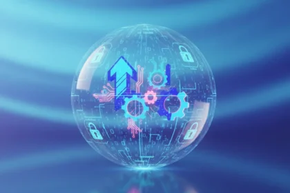 Ilustração digital sobre o impacto da Lei de Proteção de Dados em startups de Angola, com ícones de dados e negócios