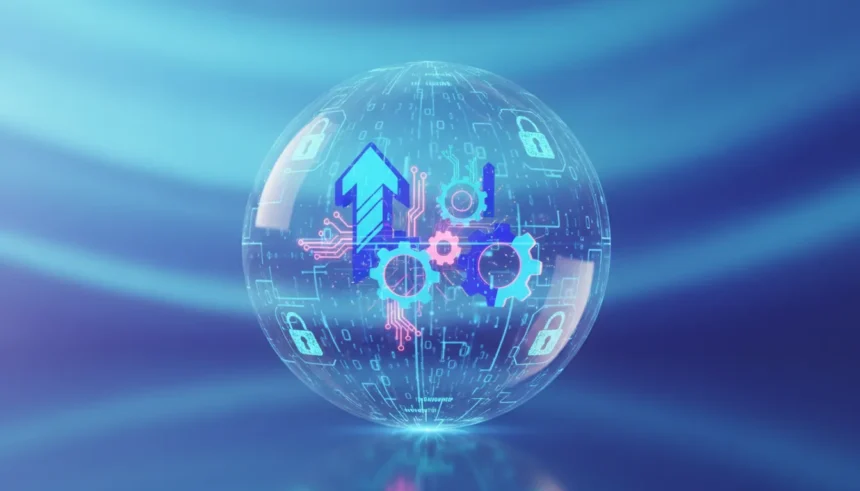 Lei de Proteção de Dados: O Impacto nas Startups de Angola 1 Ilustração digital sobre o impacto da Lei de Proteção de Dados em startups de Angola, com ícones de dados e negócios