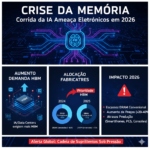 Crise da Memória: Ameaça da IA aos eletrônicos em 2026, evidenciando desafios na tecnologia.