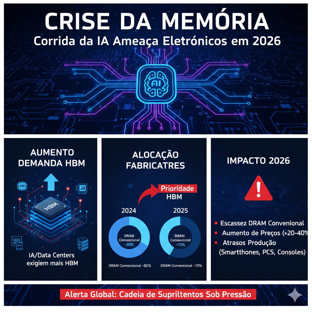 Crise da Memória: Ameaça da IA aos eletrônicos em 2026, evidenciando desafios na tecnologia.