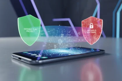 Ícones contrastando o Google Play Protect com um antivírus, representando a segurança do Android e proteção de apps