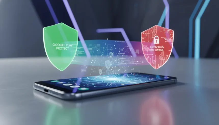 Google Play Protect vs Antivírus: A verdade oculta sobre sua segurança 1 Ícones contrastando o Google Play Protect com um antivírus, representando a segurança do Android e proteção de apps