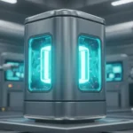 Projeto de reatores nucleares modulares SMRs compactos, com luzes azuis e verdes, representando energia limpa e futura