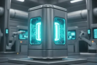 Projeto de reatores nucleares modulares SMRs compactos, com luzes azuis e verdes, representando energia limpa e futura