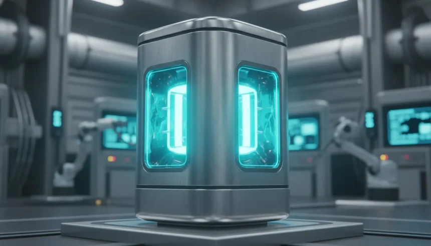 SMRs: A revolução da energia nuclear que atrai as Big Techs 1 Projeto de reatores nucleares modulares SMRs compactos, com luzes azuis e verdes, representando energia limpa e futura