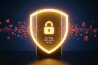 Escudo protetor com cadeado sobre o ícone do WhatsApp, simbolizando a Confirmação em duas etapas no WhatsApp contra golpes