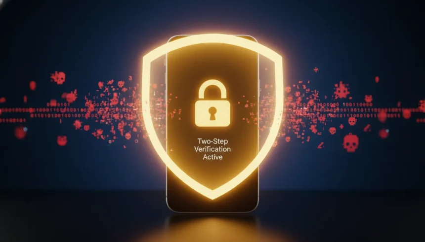 Confirmação em duas etapas no WhatsApp: O escudo vital contra golpes e invasões 1 Escudo protetor com cadeado sobre o ícone do WhatsApp, simbolizando a Confirmação em duas etapas no WhatsApp contra golpes