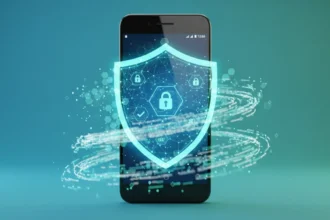 Tela de celular exibindo o ranking dos Melhores Antivírus para Android de 2025, com ícones de proteção e desempenho