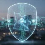 Ilustração digital da Nova Estratégia Nacional Cibersegurança, com ícones de proteção sobre um mapa de Angola e rede global.