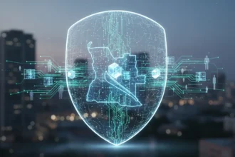 Ilustração digital da Nova Estratégia Nacional Cibersegurança, com ícones de proteção sobre um mapa de Angola e rede global.