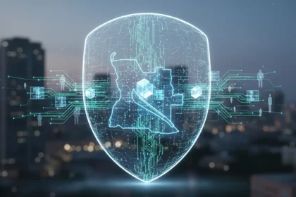 Ilustração digital da Nova Estratégia Nacional Cibersegurança, com ícones de proteção sobre um mapa de Angola e rede global.