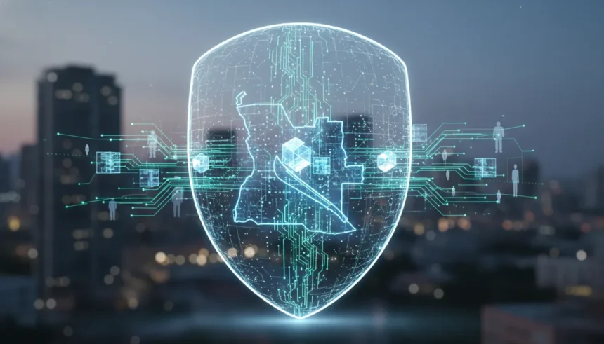 Nova Estratégia Nacional Cibersegurança: O Que Muda em Angola? 1 Ilustração digital da Nova Estratégia Nacional Cibersegurança, com ícones de proteção sobre um mapa de Angola e rede global.